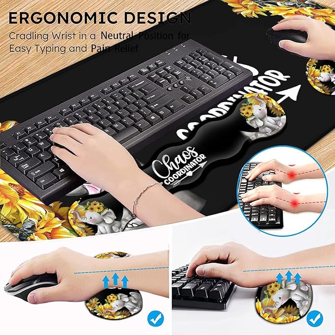 Desk Mouse Pad Office Large Mousepad Extended XXL (31.5x11.8in) Anime Cartoon Cute Baby Elephants with Sunflowers Gaming Mouse Mat Rubber Base Stiched Edges + Memory Foam Keyboard Wrist Rest