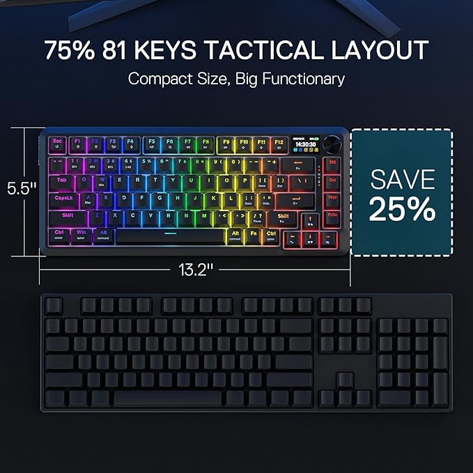 Redragon K724 PRO Wireless Gasket Gaming Keyboard w/Hype Screen &amp Knob 81-Key Mechanical Keyboard Easy-Control 1.14’’ TFT Info Display 5-Layer Noise Dampening Custom Linear Switch