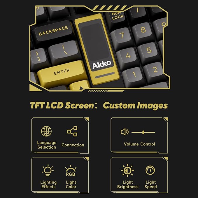 Akko 5098B Wireless Gaming Keyboard with Screen Black &amp Gold Hot-Swappable Mechanical Keyboard with Scroll Wheel Numberpad RGB Gasket Piano Pre Lubed Switch