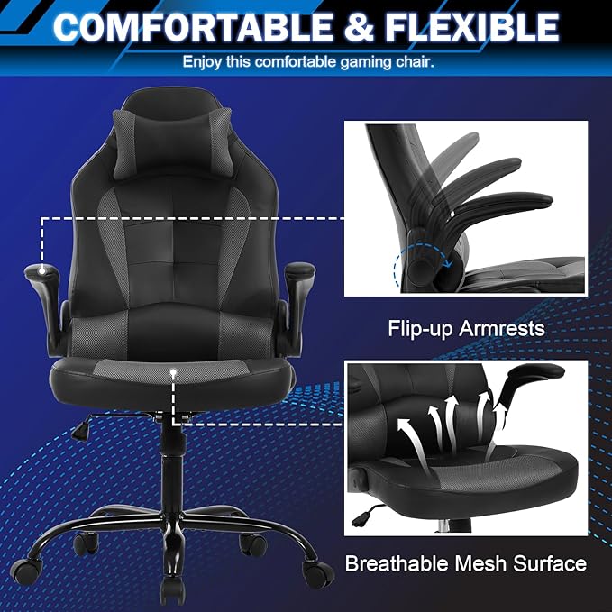 Gaming Chair Racing Chair with Lumbar Support - High Comfort PU Leather Ergonomic Office Desk &amp PC Gaming Chair for Adults Men Women - Flip-Up Arms &amp Headrest Grey
