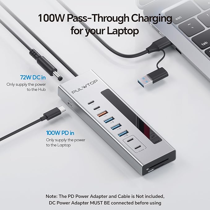 Powered USB C Hub PULWTOP 11-in-1 USB Hub with SD/TF 2*USB-C 10Gbps 4*USB-A 5/10Gbps and 2 * 24/45W Type-C PD Charging Ports (Not Support Video) USB Powered Hub (72W DC Adapter Included)