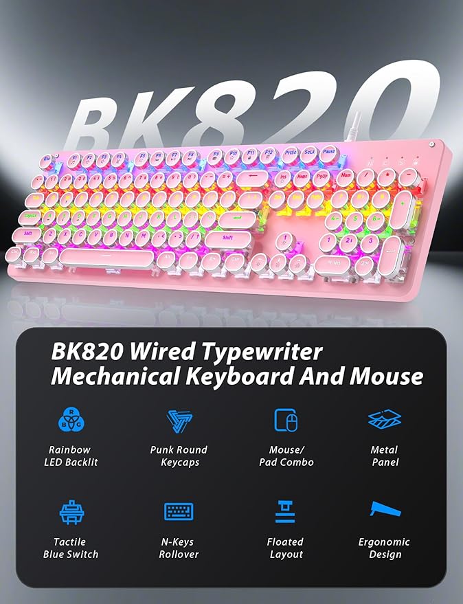 Typewriter Mechanical Gaming Keyboard and Mouse Metal Panel Retro Keyboards with Round Keycap Blue Switch Rainbow LED Backlit 104-Key Anti-Ghost Wired Mouse and Pad Combo for PC Laptop Mac Gamer