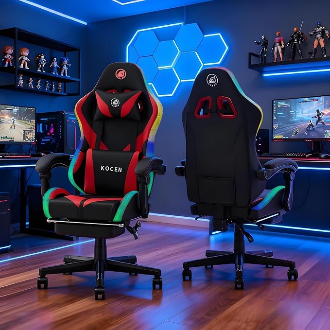 Kechen Gaming Chair LED Light Gaming Chair with Footrest and Massage Big and Tall Computer Chair with Lumbar Support Gaming Chairs for Adults with Pocket Spring Cushion (LED Light Red/Black)
