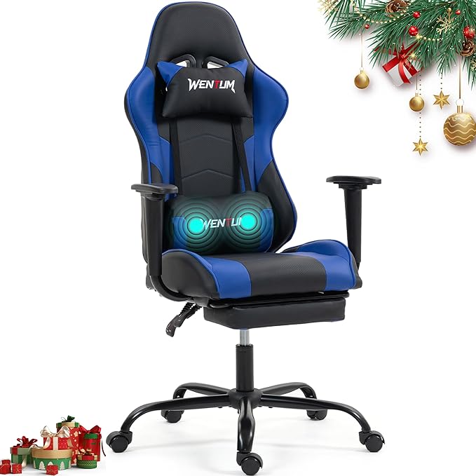 Gaming Chair Video Game Chair with Footrest Massage Computer Chair with PU LeatherLumbar Support for Men Women Home Office Height Adjustale Ernogomic Gaming Chair High Back Blue