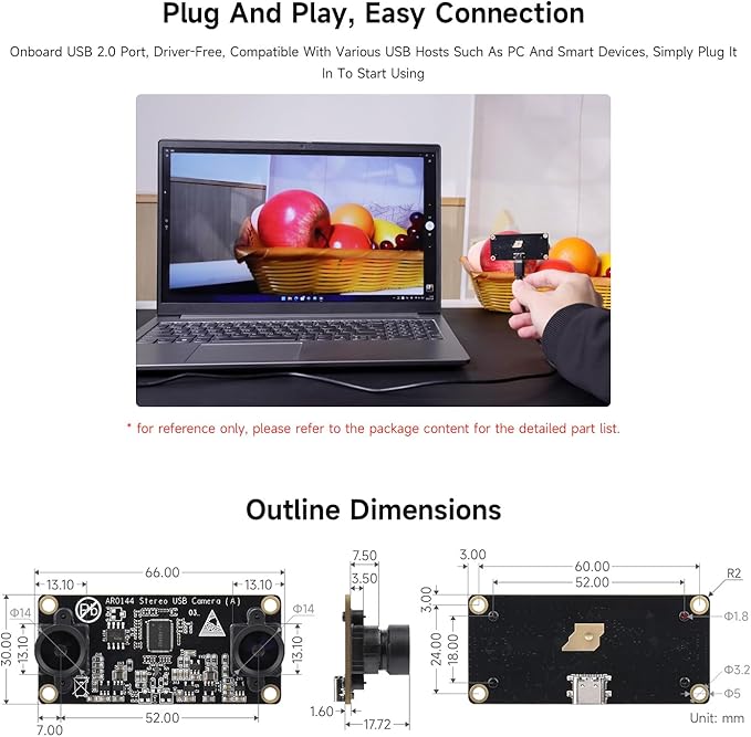 Waveshare AR0144 2MP Stereo USB Camera Module AR0144 Sensor Chip USB2.0 Port Synchronized Same-Frame Output 52mm Baseline Featuring Distortion-Free Lenses