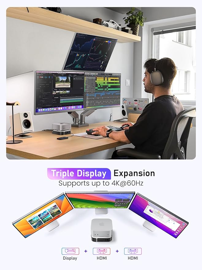 Lemorele 9-in-1 Mac mini M4 Dock Dual 4K@60Hz HDMI 2.0 &amp DP 1.4 10Gbps M.2 NVMe Slot 10Gbps USB-C &amp USB-A 2X USB-A 3.0 SD/TF 2.0 Card Reader Compatible with Mac mini M4/M4 Pro