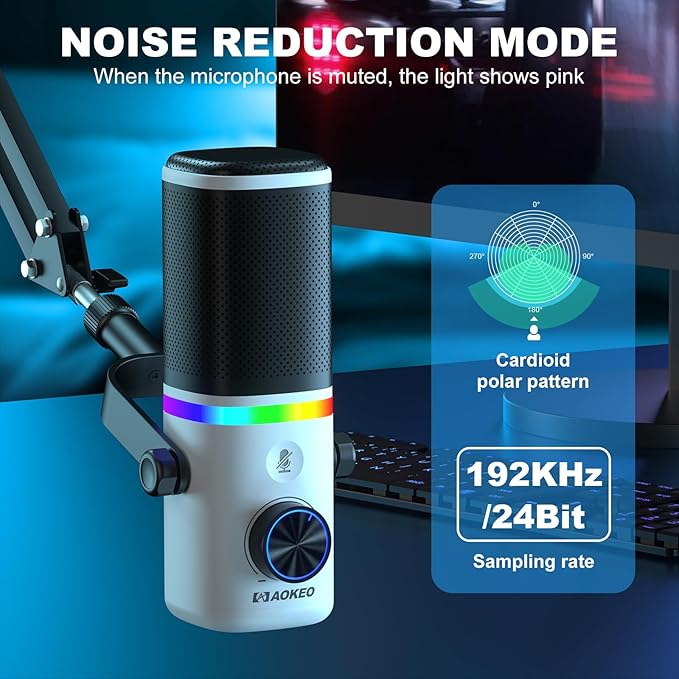 Aokeo AK-10 USB Gaming Microphone with mic arm Condenser Microphone for PC/MAC/PS4/PS5/Phone-Cardioid Mic with RGB Lighting（White）