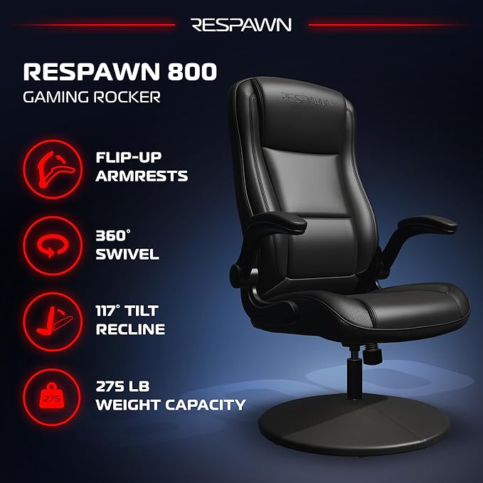 RESPAWN 800 Swivel Rocker Gaming Chair - Ergonomic Floor Gaming Seat with Lumbar Support Flip Up Armrest High Back Pedestal Base Comfortable No Wheels Console Video Game Rocker Chair - Black