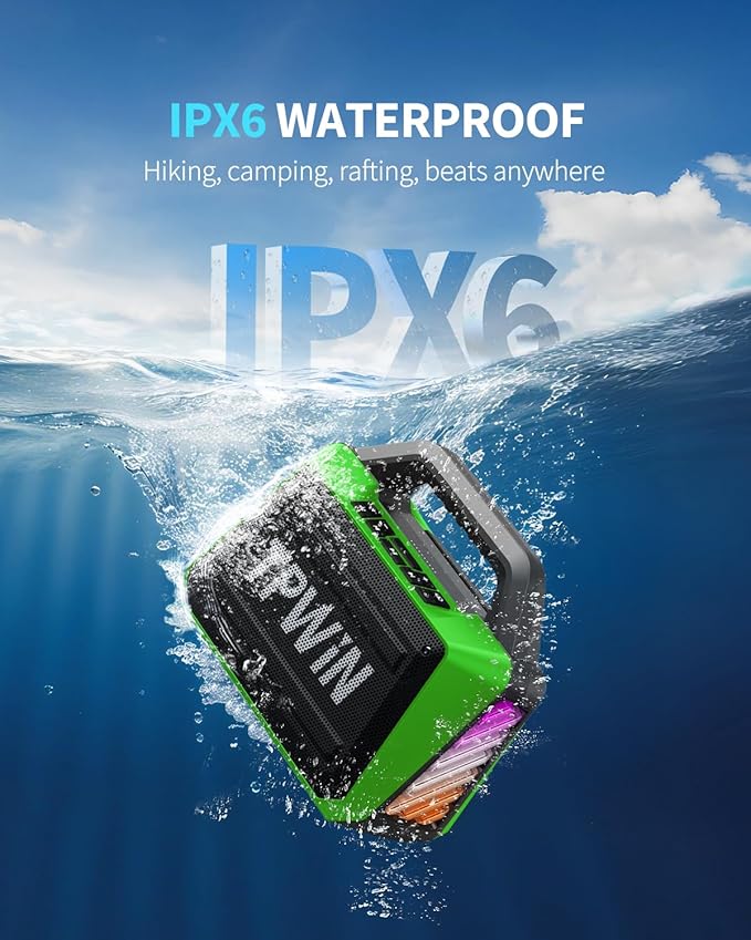 Bluetooth Speaker - 80W Loud Rugged Outdoor Speakers IPX6 Waterproof 20H Playtime Deep Bass Lightshow TWS BT 5.3 Wireless Portable for Travel Hiking Camping Beach Pool - Green