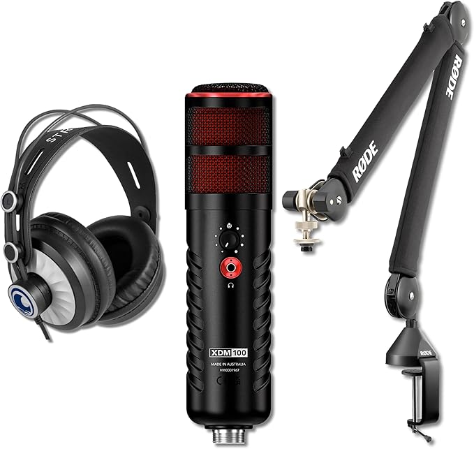 Rode XDM-100 USB Dynamic Microphone with PSA1+ Desk-Mounted Broadcast Microphone Boom Arm and Professional Monitoring Headphones