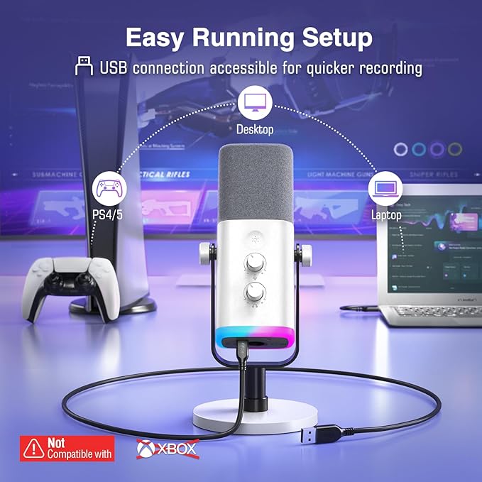 FIFINE XLR/USB Gaming Microphone for Streaming Podcasting PC Computer RGB Mic with Gain Knob Mute Button Monitoring Jack Gamer Mic for Recording Video Creation-AmpliGame AM8 White