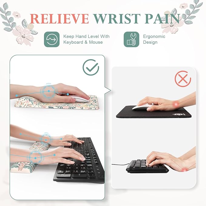 iLeadon Pink Desk Mat Set Cute Non-Slip Mouse and Keyboard Pad Mat for Desk Ergonomic Desk Mouse Pad Extra Large Floral Teacher Desk Mat with Wrist Rest for Women Home Office