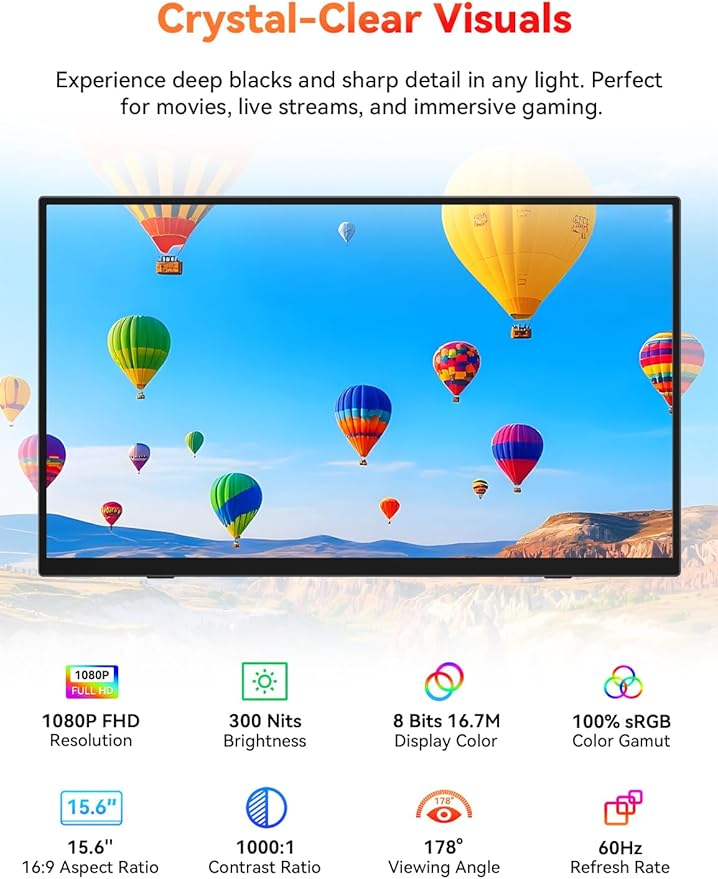 HotYeah Portable Monitor 15.6-in 1080P FHD Laptop Monitor USB-C HDMI External Computer Display HDR FreeSync IPS w/Kickstand &amp Speaker 2nd Screen for Laptop PC Mac Phone Tablet Switch PS5 Xbox