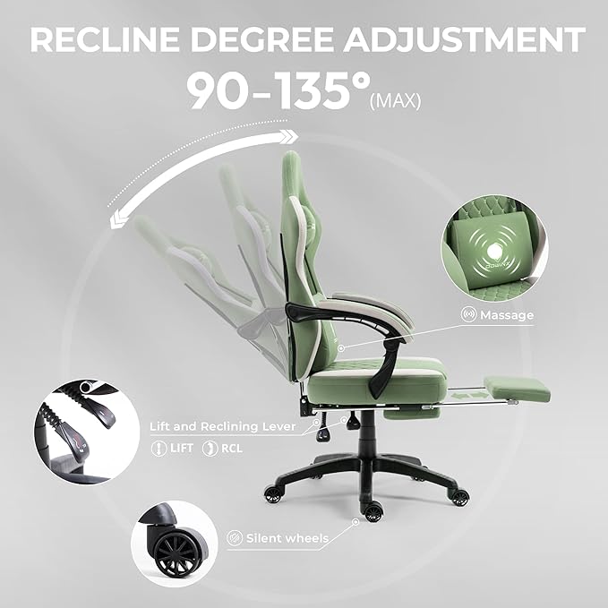 Dowinx Gaming Chair Breathable Fabric Game Chair with Gel Pad and Storage Bag Comfortable Gamer Chair with Pocket Spring Cushion Ergonomic Computer Chair with Footrest Green