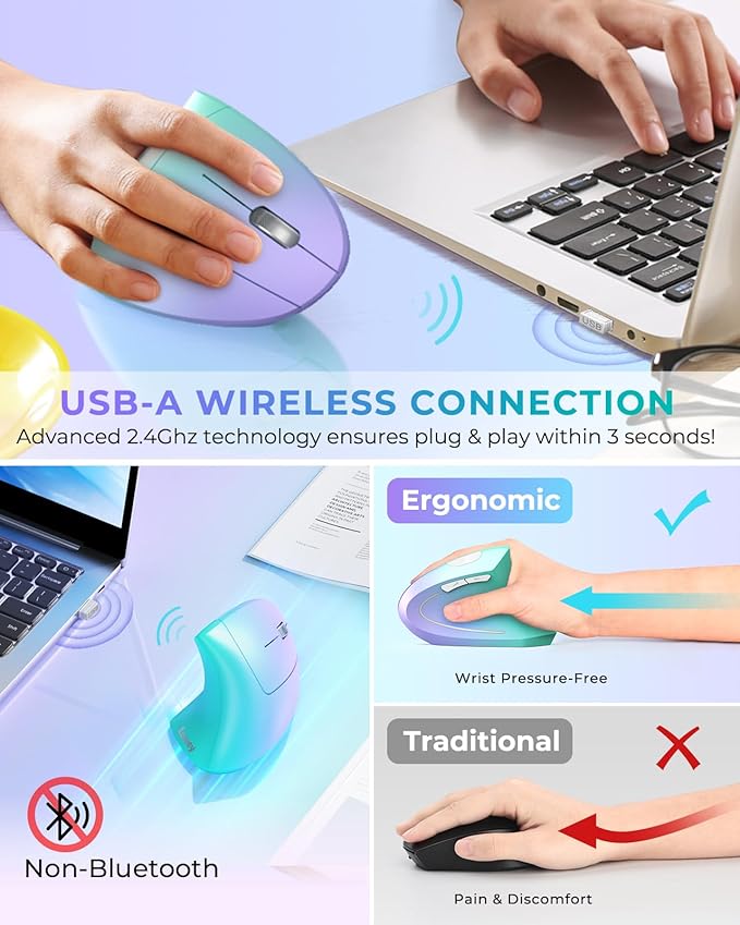 Lekvey Ergonomic Mouse Vertical Wireless Mouse Rechargeable 2.4G Optical Carpal Tunnel Mice: 800/1200 / 1600 DPI 6 Buttons for Laptop PC Mac Computer Desktop Notebook etc Green Purple