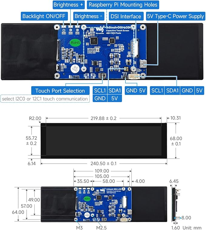 waveshare 8.8inch DSI Capacitive Touch Display Compatible with Raspberry Pi 5/4B/3B/CM3/3+/4 480 × 1920 IPS Optical Bonding Toughened Glass Panel DSI Interface 10-Point Touch