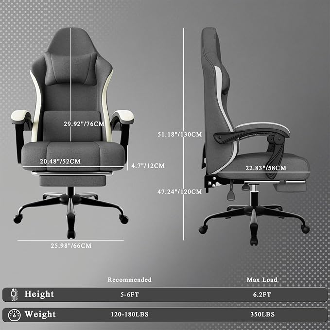 Gaming Chair High Back Fabric Computer Chair with Pocketed Spring Cushion and Footrest Height Adjustable Game Chair with Headrest and Lumbar Support (Beige &amp Gray)