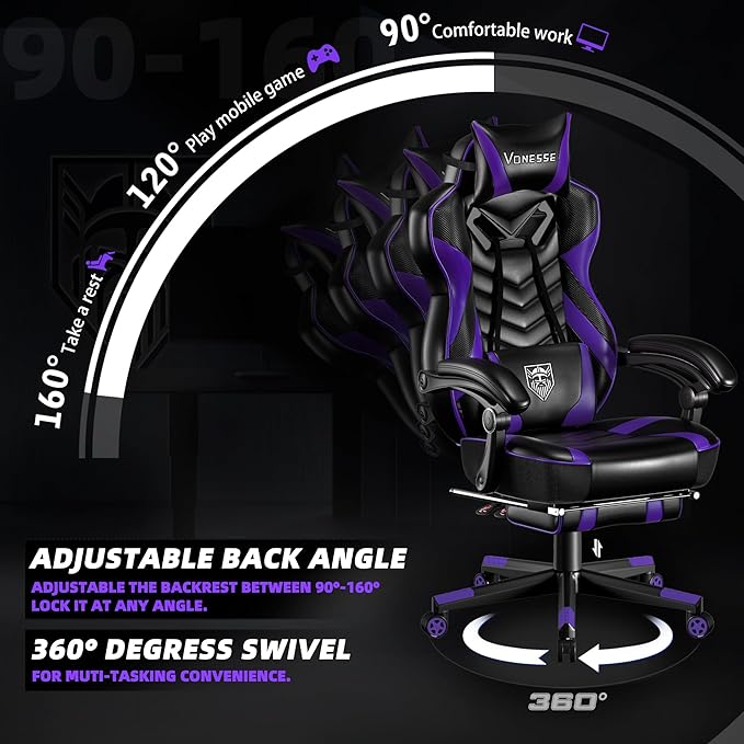 Vonesse Gaming Chair Big and Tall Gaming Chair with Footrest and Massage Gaming Chairs for Adults with Lumbar Support Ergonomic High Back Computer Chair with Pocket Spring Cushion (Purple/Black)