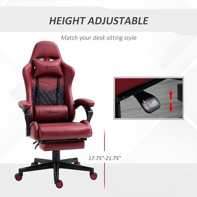 Red Racing Gaming Chair Diamond with Footrest Headrest and Lumbar Support PU Leather Office Gamer Chair High Back Swivel Recliner Adjustable Height for Office or Gaming