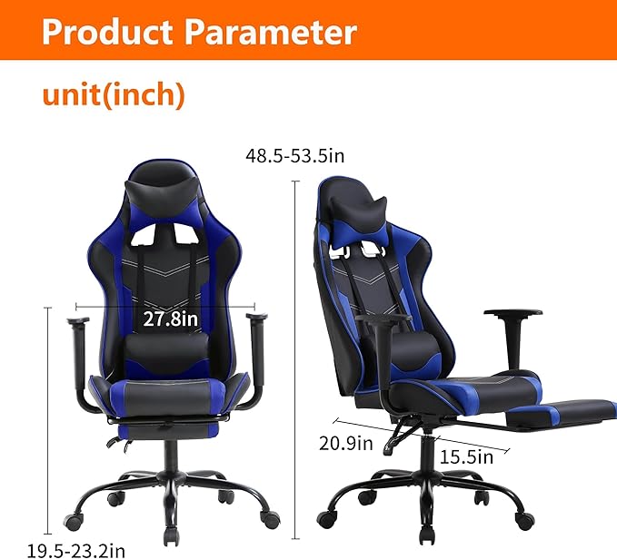 Office Gaming Chair Pu Leather Comfortable Gaming Chair for Adults Gamin Chair with Headrest &amp Lumbar Support Office Chair with Foot Rest &amp Armrest Height Adjustable Computer Chair(Blue)