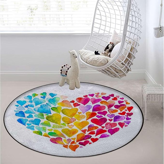 Multicolor Office Chair Mat Hardwood Floor Computer Desk Mat Anti-Slip Gaming Chair Mat Round Floor Mat Durable Floor Protector Watercolor Hearts White Background Diameter 51 in