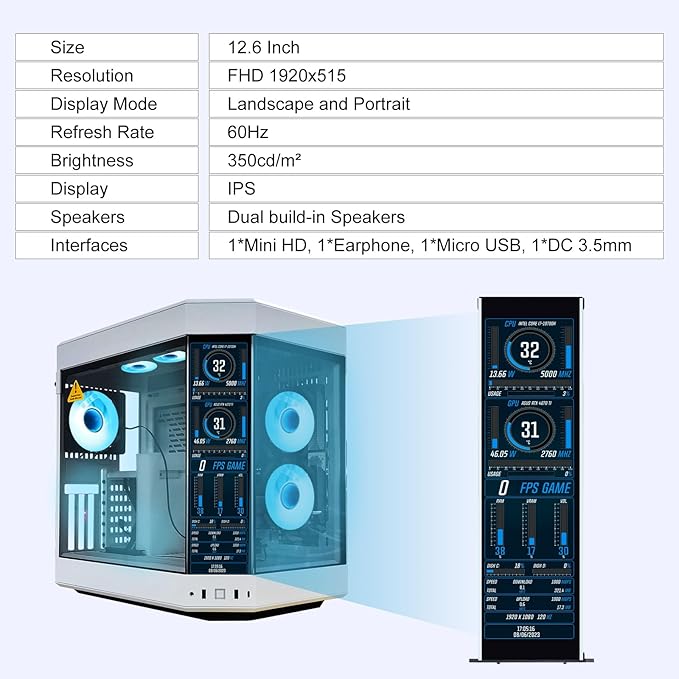 GeeekPi 12.6 Inch IPS LCD Touch Screen Monitor FHD 1920x515 Display Fit for Hyte Y60 PC Case CPU GPU Secondary Monitor Panel Built-in Dual Speakers Plug &amp Playwith up to 10-Points of Multi-Tou