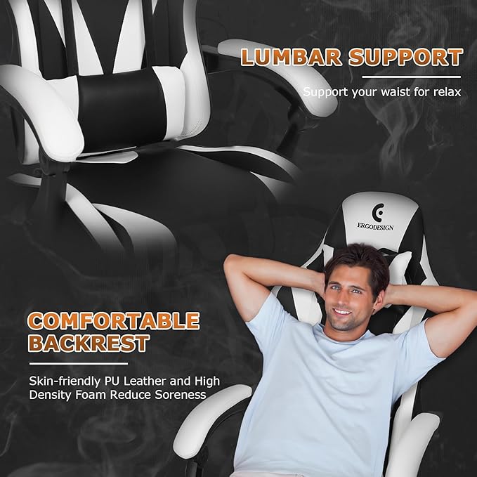Gaming Chair with Linkage Armrest &amp Footrest High Back Video Gaming Chair Black/White