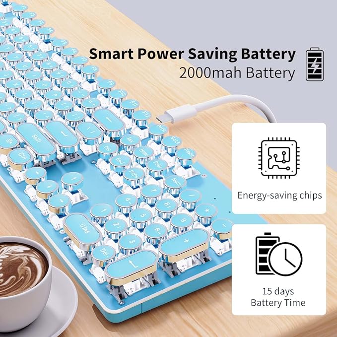 EWEADN TK950 Typewriter Keyboard Wireless Mechanical Keyboard 104 Keys Aesthetic Typewriter Keyboards with White Backlit Anti-Ghosting Blue Switch Bluetooth/2.4GHz/Wired Keyboards-Blue