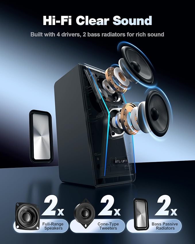 Nylavee Computer Speakers Hi-Fi Stereo Sound PC Speakers with Bluetooth 5.0 and 3.5mm AUX-in 14W AC Powered Built-in Equalizer Modes and RGB Lights for Desktop PC Monitor Laptop PS5 Xbox