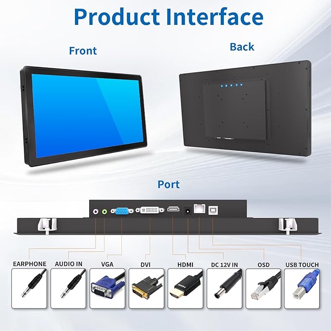 18.5 Inch Industrial Touch Screen Monitor 10 Points Touch Ratio 16:9 Capacitive PCAP Display 1366x768R Active Matrix TFT LCD LED Backlight VGA DVI HD-MI Ports