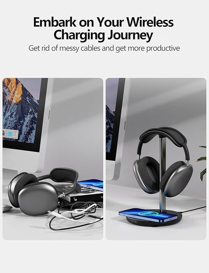 Miroddi Headphone Stand with Wireless Charger Independent USB Charging Port 5 in 1 Charging Station Headset Holder Rack for AirPods Max/Pro/4/3/2 iWatch iPhone Samsung and Desk Headphones Black