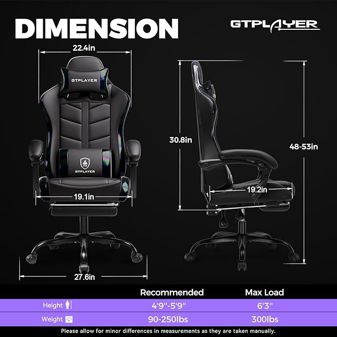 GTPLAYER Gaming Chair with Footrest Computer Gaming Chair for Adults and Kids Height Adjustable Gamer Chair with 90-155° Recline &amp Removable Headrest Lumbar SupportColorful Black