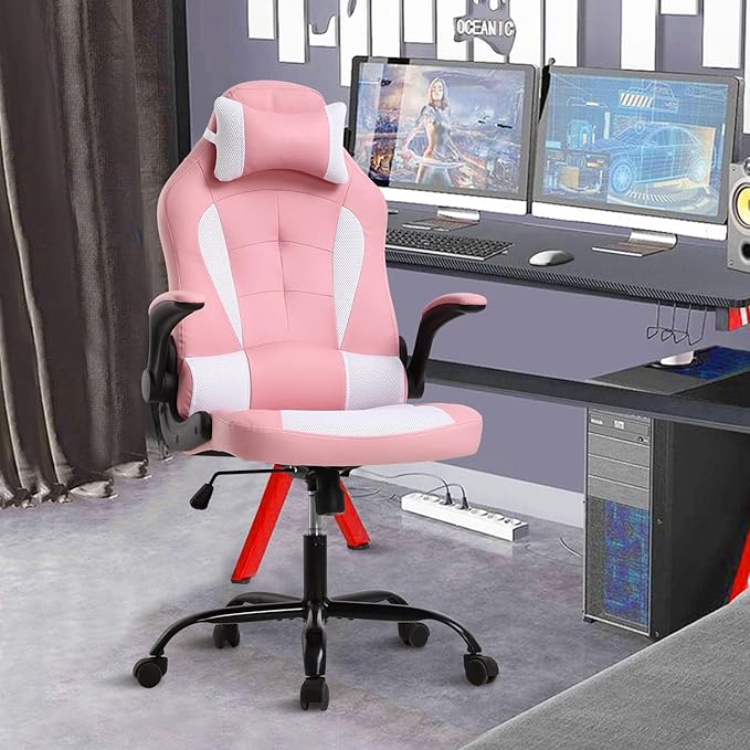 PC Gaming Chair Ergonomic Office Chair High Back Computer Chair with Lumbar Support&amp Headrest Adjustable PU Leather Desk Chair Racing Task Rolling Swivel Executive Chair for Women Pink