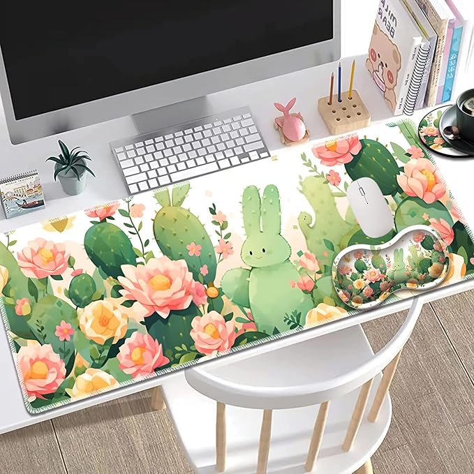 Large Gaming Mouse Pad + Mouse Wrist Rest Pad + Coaster Combination 31.5 x 11.8 Durable Non-Slip Extension Table Mat Suitable for Office and Home Cactus