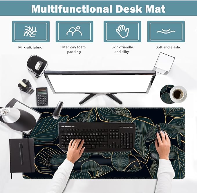 ARTSO Desk Mat Set Large Gaming Mouse Pad Wrist Support Keyboard Wrist Rest Ergonomic Desk Pad with Coaster Combo Extended Mousepad with Non-Slip Art Tropical Leaves