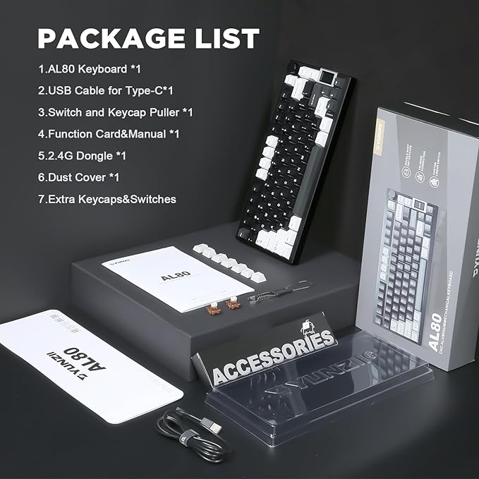 YUNZII AL80 Wireless Mechanical KeyboardFull Aluminum CNC Smart LCD DisplayHot Swappable Gasket Mount 75% Layout with KnobBT/2.4G/USB-CQMK/VIA Support for Win/Mac (Black Gateron Zero Switch)