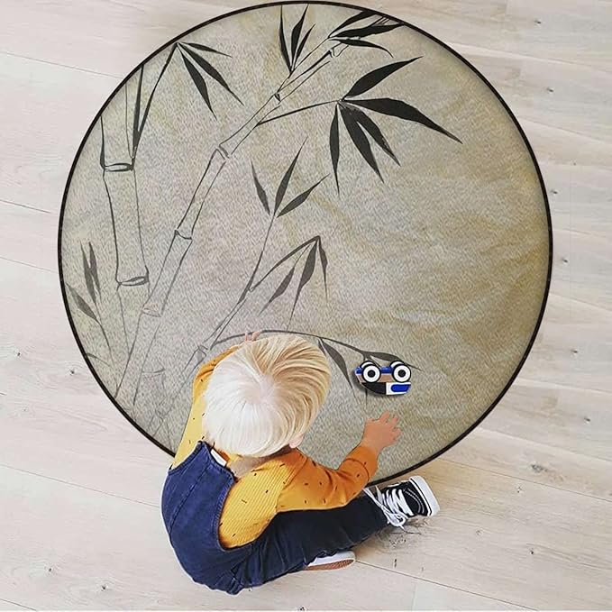 Bamboo Round RugPrint Carpet for Bedroom Living Room Office Home Decor Mat Gradient Bamboo LeavesBrown Cream Black White Diameter 60 in