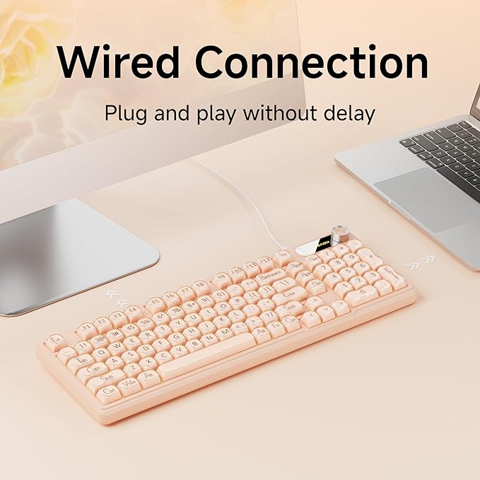 V102 Wired Keyboard 98 Keys Creamy Gaming Keyboard with Number Pad Display Screen &amp Media Knob RGB Silent Wired Cute Computer Keyboard for Laptop PC Gamer - Cream Pink