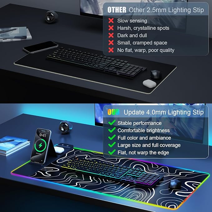 Mouse Pad with Foldable Phone Holder Wireless Charging Desk Mat RGB Gaming Mousepad Large Desk Pad with Non-Slip Base Waterproof Keyboard Pad Classic Black (XXL Stand Topographic)
