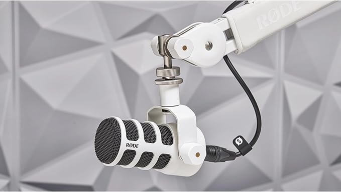 Rode PodMic Cardioid Dynamic Broadcast Microphone (White Pair) with 2X PSA1+ Broadcast Microphone Boom Arms 2X Cans50 Professional Studio Headphones and 2X XLR Cables