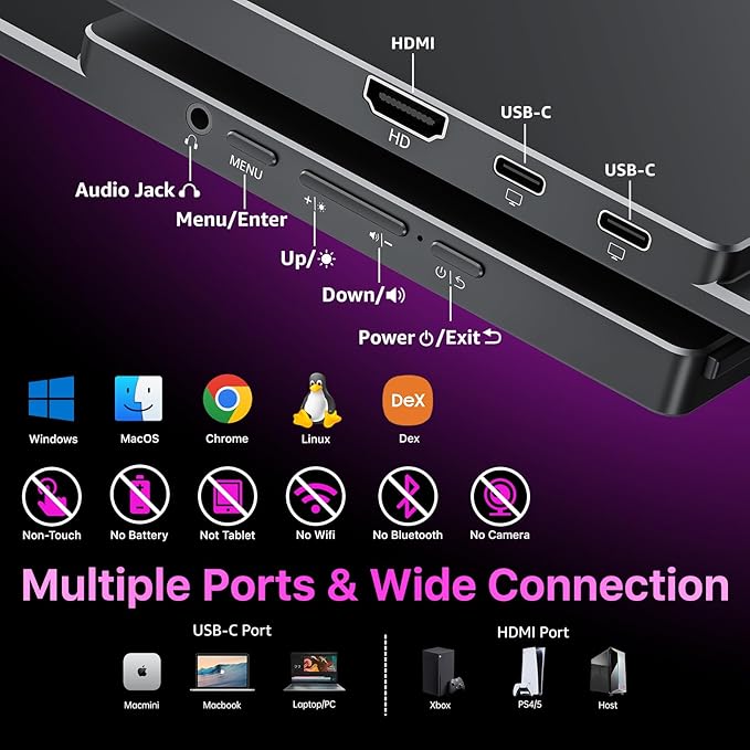 Portable Monitor 16 inch 2.5K QHD 100% sRGB 144Hz Travel Monitor for Laptop MacBook Surface PC Xbox PS5 HDMI USB-C VESA Compatible Built-in Speaker