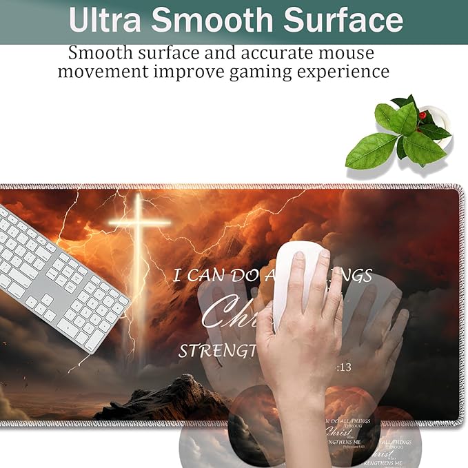 Large Game Mouse Pad + Wrist Support Pad + Coffee Coaster Desk Pad with Sewn Edges Anti-Slip Set pad Suitable for Office Work and Home - Holy Cross Bible Philippians 4-13