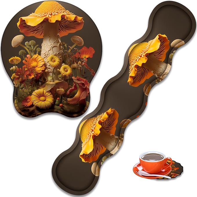 Mouse Wrist Rest and Keyboard Wrist Rest Pad+ Coaster Set Non-Slip Rubber Base Smooth Surface Ergonomic Gaming Mouse Pad for Easy Typing and Pain Relief Mushroom Sunflower
