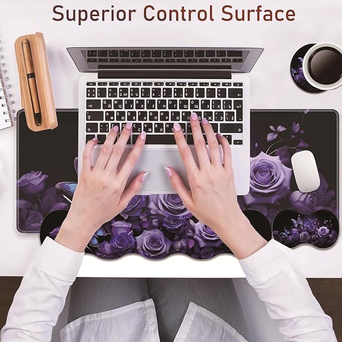 Large Gaming Table Pad 31.5 x 11.8 + Keyboard Wrist Pad + Mouse Wrist Pad + Coaster Non-Slip Base 4-in-1 Set Ergonomic Memory Foam Easy Typing Pain Relief Purple Roses and Butterflies