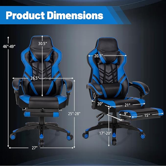 Goplus Gaming Chair Computer Chair with Footrest and Lumbar Support Height Adjustable Executive Swivel Rolling Task Chair with 90°-155° Tilt Function (Blue)