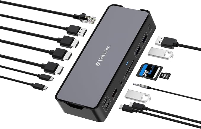 Verbatim USB-C Pro Docking Station 15-in-1 Hub Multiport Adapter to HDMI 4K and 8K USB-A and USB-C PD 80W AUX Card Reader for Mac/Windows Laptop and Co