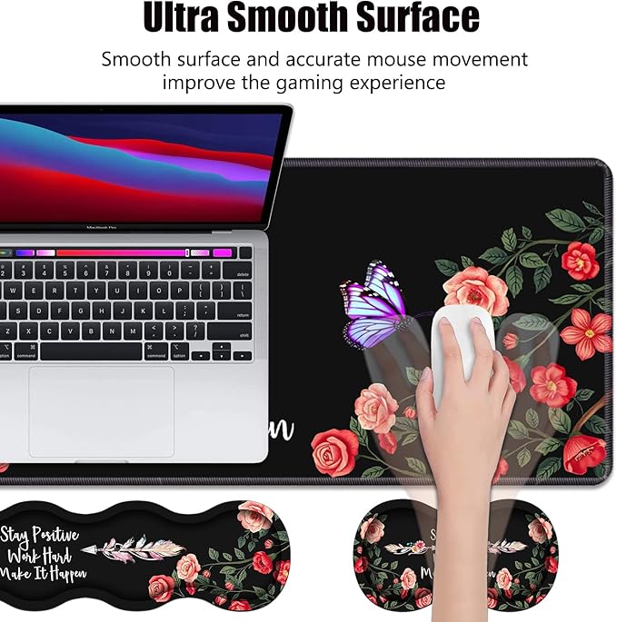 Ergonomic Memory Foam Mouse Pad Wrist Rest SetStay Positive Work Hard and Make It Happen Inspirational Quote Large Desk Pad + Keyboard Wrist Rest + Mouse Wrist Cushion + Coaster for Home Office Study