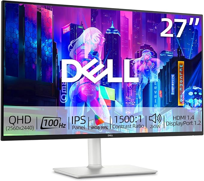 Dell S27 inch QHD Monitor 100Hz IPS Panel 4ms 99% sRGB 1500:1 Contrast Ratio VESA Low Blue Light 2 x HDMI 1x DisplayPort 2x5W Speaker Ultra-Thin bezels Height/Tilt/Swivel/Pivot White