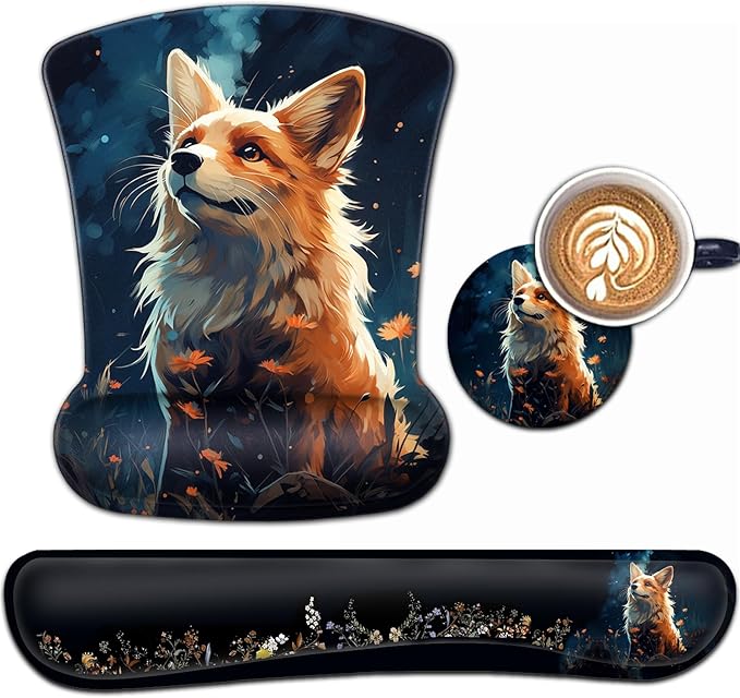 Keyboard Wrist Rest and Mouse Pad Wrist Support Set Ergonomic Gel Mouse Pad Wrist Rest with Non-Slip Base for Home Office Desk Pad Easy Typing Cute Red Fox Animal Pattern Black Gaming Mouse Mat
