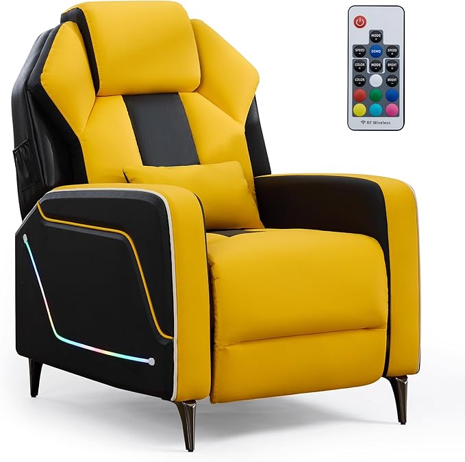 TUNYI Gaming Recliner Chair Racing Style Push-Back Reclining Sofa with Colorful LED Ergonomic Home Theater Seating Video Game Sofa for Gaming Room Living Room (Yellow)